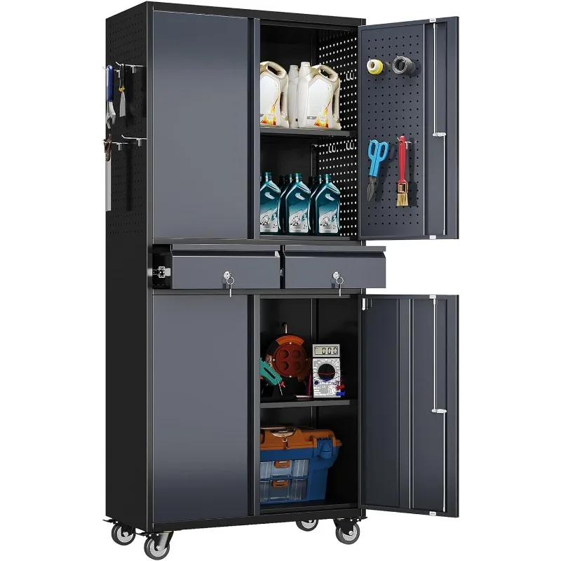 Garage Storage Cabinet with Wheels and Doors,71" H Metal Storage Cabinet with Pegboard and 2 Drawers for Garage, Warehouse,Home,
Garage Storage Cabinet with Wheels and Doors,71" H Metal Storage Cabinet with Pegboard and 2 Drawers for Garage, Warehouse,Home,