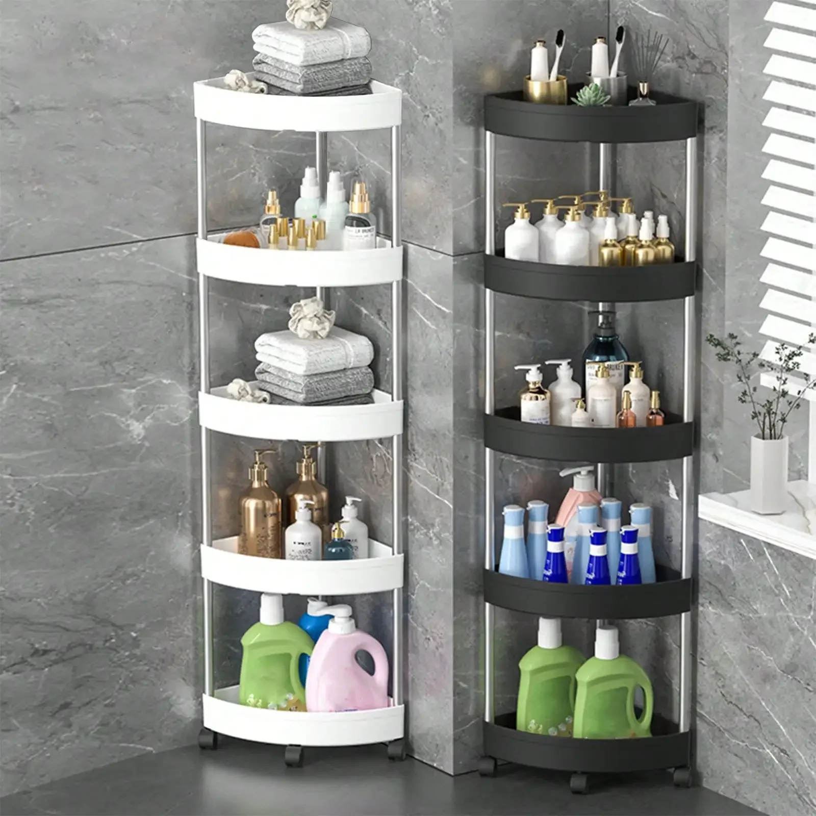 Bathroom Corner Storage Shelf Organizer With Detachable 5 Tiers Rolling Wheels And Drainage Holes
Bathroom Corner Storage Shelf Organizer With Detachable 5 Tiers Rolling Wheels And Drainage Holes