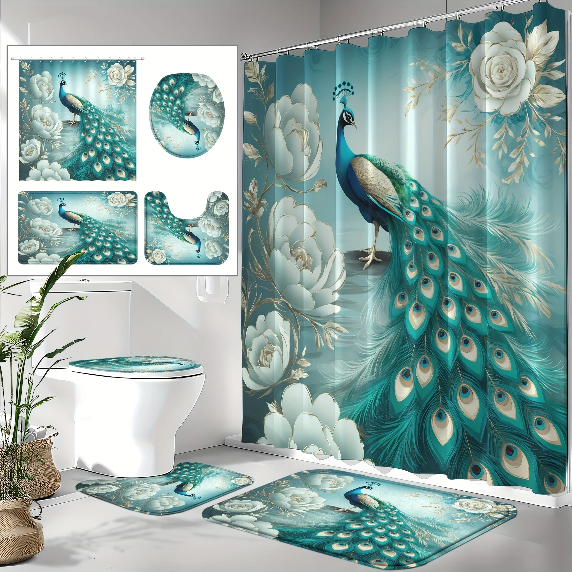 Elegant Peacock Bathroom Four-Piece Set - Featuring a Stunning Teal Peacock with White Flowers, Perfect for Adding High-Elegance
Elegant Peacock Bathroom Four-Piece Set - Featuring a Stunning Teal Peacock with White Flowers, Perfect for Adding High-Elegance