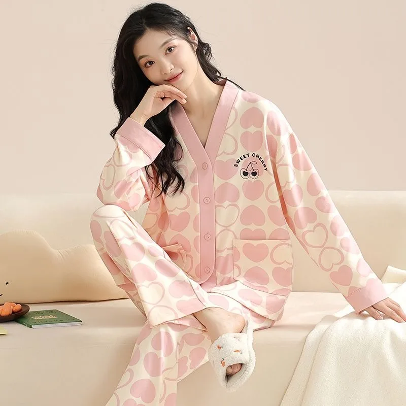 2023 New Cotton Pajamas Long-sleeved Ladies Spring Autumn Sleepwear Sweet Loose Plus Size Loungewear V-neck Loose Homewear Suit
2023 New Cotton Pajamas Long-sleeved Ladies Spring Autumn Sleepwear Sweet Loose Plus Size Loungewear V-neck Loose Homewear Suit