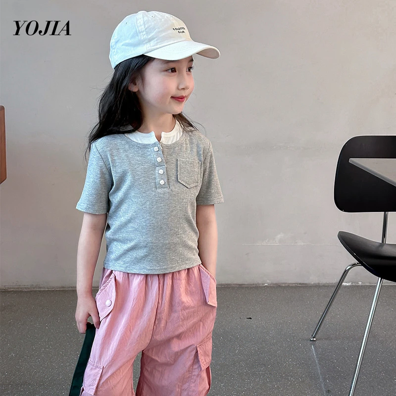 Baby Girl Top Girls Short-sleeved T-shirt 2024 New Korean Slim-fit Women Big Children Color Matching Top Fake Two Summer Clothes
Baby Girl Top Girls Short-sleeved T-shirt 2024 New Korean Slim-fit Women Big Children Color Matching Top Fake Two Summer Clothes