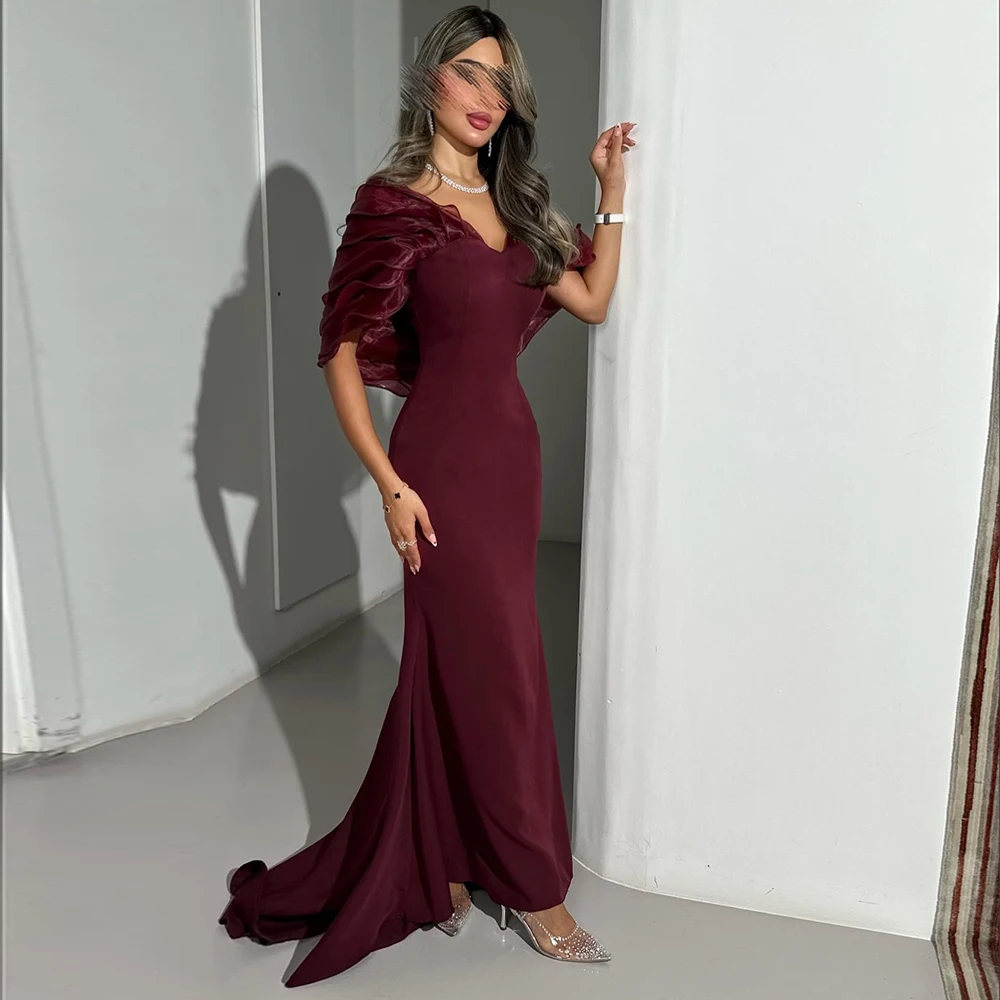 Vanessa Burgundy Mermaid Evening Gown with Organza Ruffle Cape Sleeves Elegant V-Neck Straight Wedding Party Gowns Customized
Vanessa Burgundy Mermaid Evening Gown with Organza Ruffle Cape Sleeves Elegant V-Neck Straight Wedding Party Gowns Customized