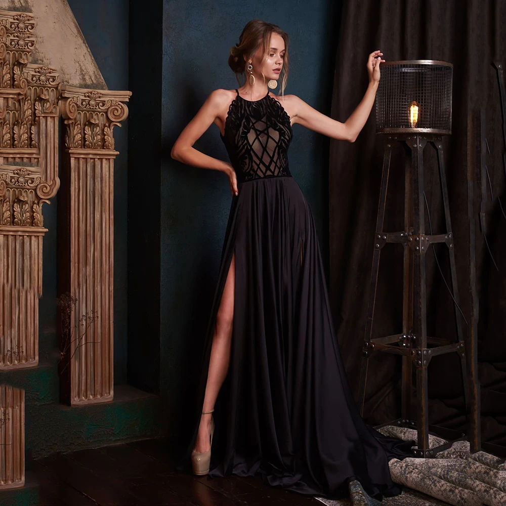 Exquisite Black Velvet Evening Gowns Satin Sheer Applique Halter High Side Split A-line Long Formal Prom Party Dresses
Exquisite Black Velvet Evening Gowns Satin Sheer Applique Halter High Side Split A-line Long Formal Prom Party Dresses