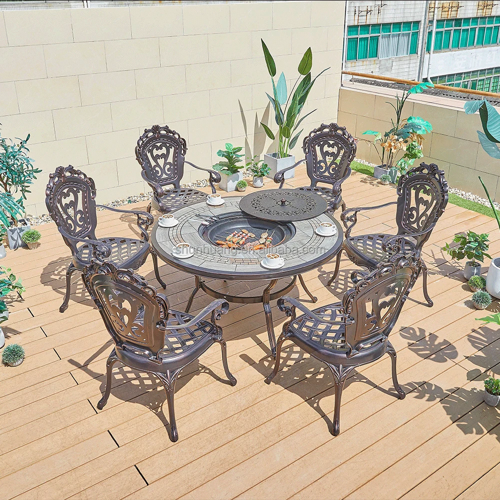 Hot Sale Multi-functional Patio Cast Aluminum Dining Furniture Set Grey Round BBQ Table And 6 Chairs
Hot Sale Multi-functional Patio Cast Aluminum Dining Furniture Set Grey Round BBQ Table And 6 Chairs
