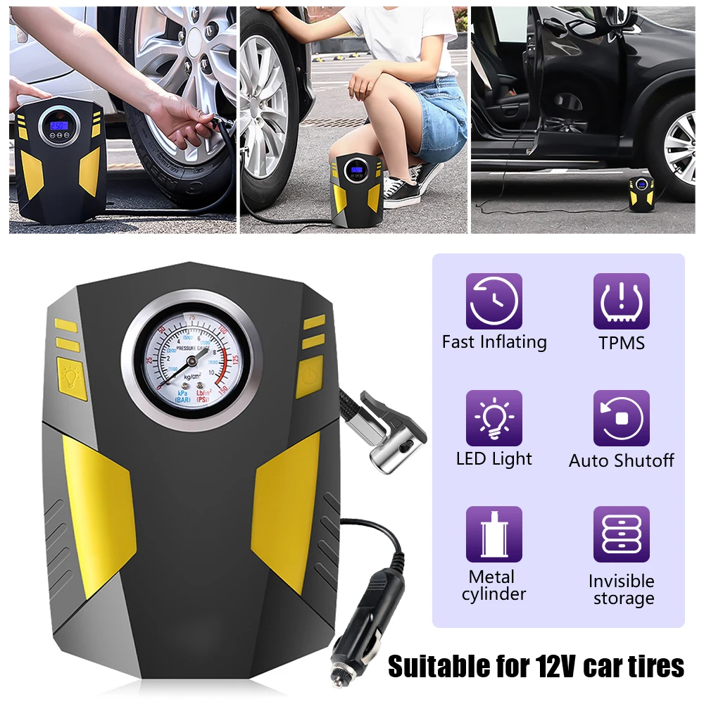 12V DC Car Tire Inflator Portable Air Compressor 120W Fast Inflation Auto Shut Off Analog Pressure Gauge LED Emergency Light Air Pump for Car Motorcycle Bike Ball
12V DC Car Tire Inflator Portable Air Compressor 120W Fast Inflation Auto Shut Off Analog Pressure Gauge LED Emergency Light Air Pump for Car Motorcycle Bike Ball