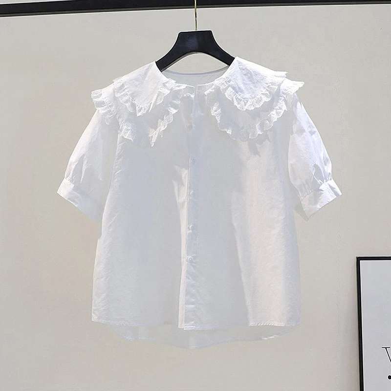 Cute Embroidered Ruffle Collar Short Sleeve Shirt Women's Casual Style Korean Version Loose Fit Button Detail Cotton Blend Top
Cute Embroidered Ruffle Collar Short Sleeve Shirt Women's Casual Style Korean Version Loose Fit Button Detail Cotton Blend Top