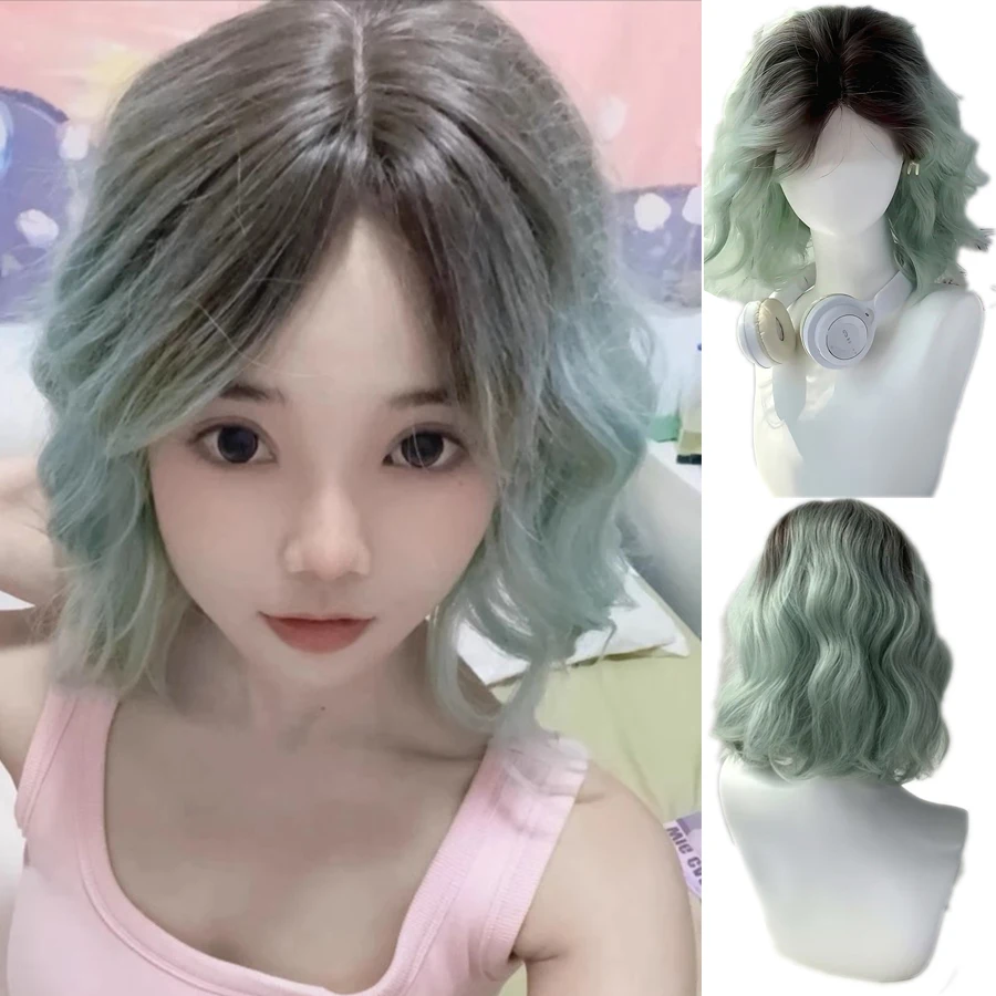 Synthetic Mint Green Gradient Short Bob Lolita Wig Women's Fake Hair Front Hand woven lace wig Bangs cosplay party wig for women
Synthetic Mint Green Gradient Short Bob Lolita Wig Women's Fake Hair Front Hand woven lace wig Bangs cosplay party wig for women