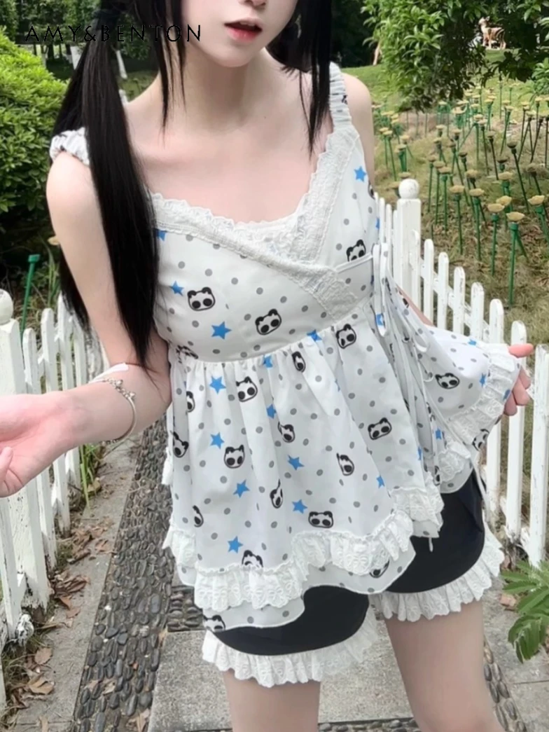 Summer Original Cute Cartoon Print Lace Patchwork Strap Tie Vest Lace Elastic Waist Shorts Japanese Sweetheart Hot Girl Sets
Summer Original Cute Cartoon Print Lace Patchwork Strap Tie Vest Lace Elastic Waist Shorts Japanese Sweetheart Hot Girl Sets