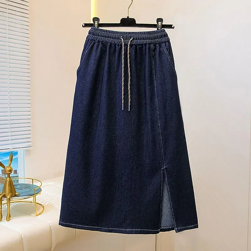 Plus Size Front Split Elastic Waist Drawstring Midi A-line Denim Skirts Women High Waist Blue Pockets A-line Jeans Skirt
Plus Size Front Split Elastic Waist Drawstring Midi A-line Denim Skirts Women High Waist Blue Pockets A-line Jeans Skirt