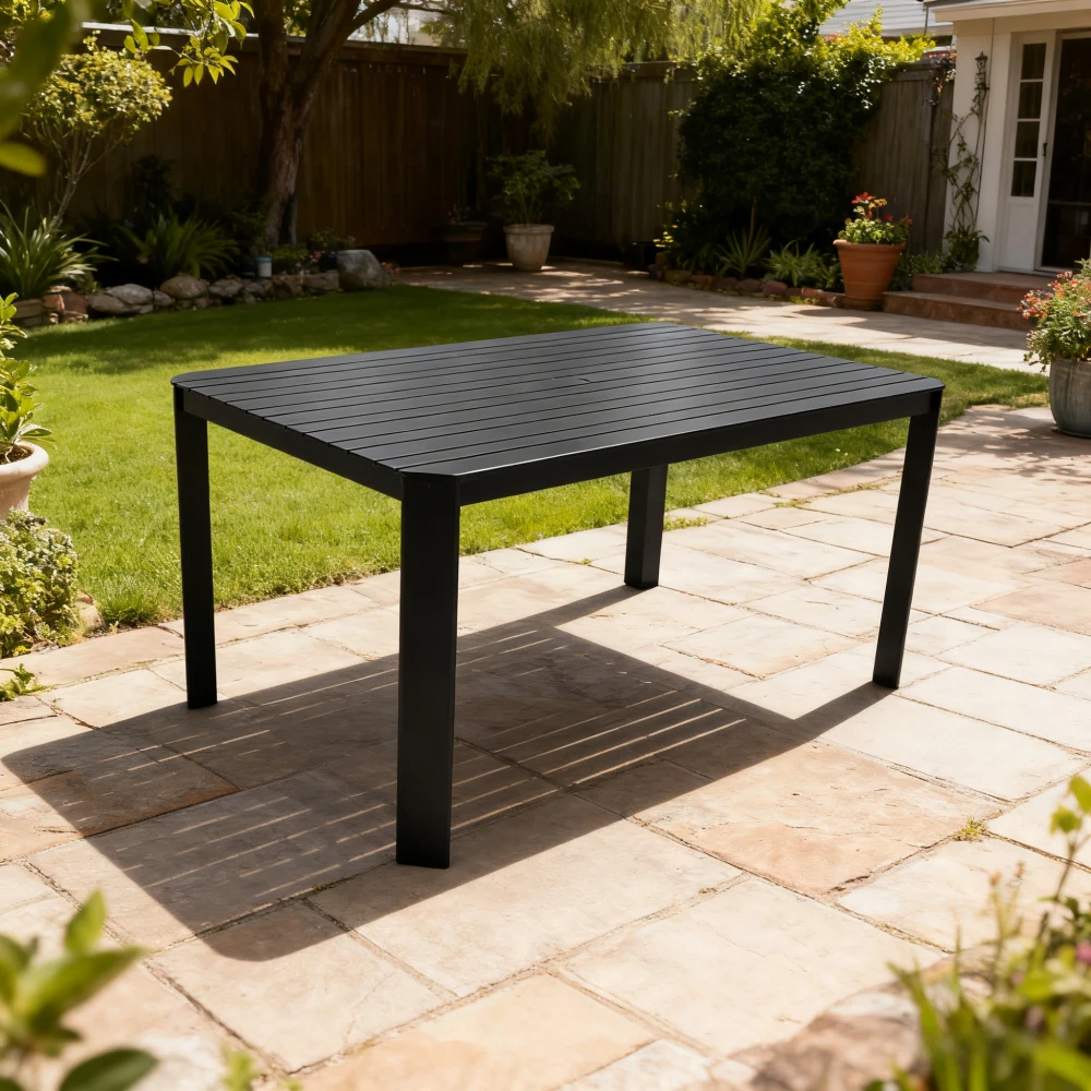 Modern Outdoor Aluminum Table: Alternating Wide/Narrow Slats, Angled Corners,2\" Umbrella Hole,Non-Slip Pads,Bourbon Brown
Modern Outdoor Aluminum Table: Alternating Wide/Narrow Slats, Angled Corners,2\" Umbrella Hole,Non-Slip Pads,Bourbon Brown