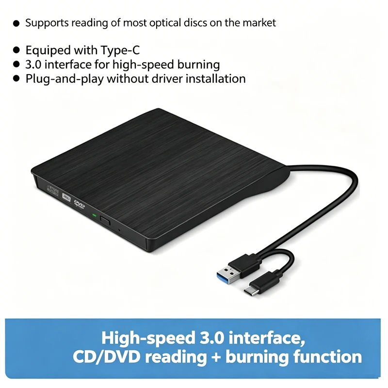 External DVD Drive USB 3.0 Type-C CD DVD Burner Writer Plug & Play Slim Optical Drive for Laptop Desktop Windows Mac
External DVD Drive USB 3.0 Type-C CD DVD Burner Writer Plug & Play Slim Optical Drive for Laptop Desktop Windows Mac