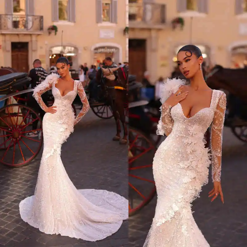 Romantic 3D Flowers Bridal Gowns Long Sleeve Mermaid Wedding Dresses Beaded Sweep Train Customized Vestidos De Novia
Romantic 3D Flowers Bridal Gowns Long Sleeve Mermaid Wedding Dresses Beaded Sweep Train Customized Vestidos De Novia