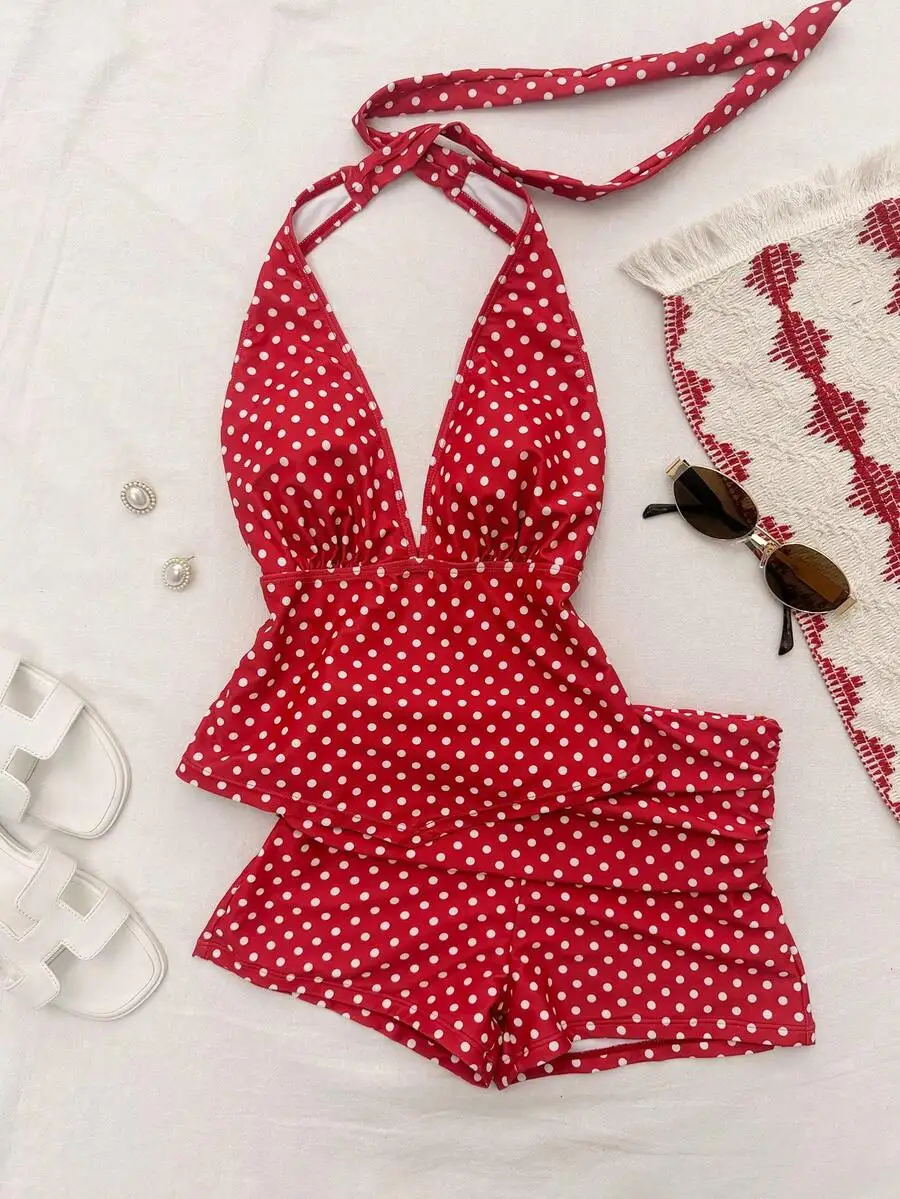 Womens Red Polka Dot Halter Neck Tankini Set With Boyshort Bottoms
Womens Red Polka Dot Halter Neck Tankini Set With Boyshort Bottoms