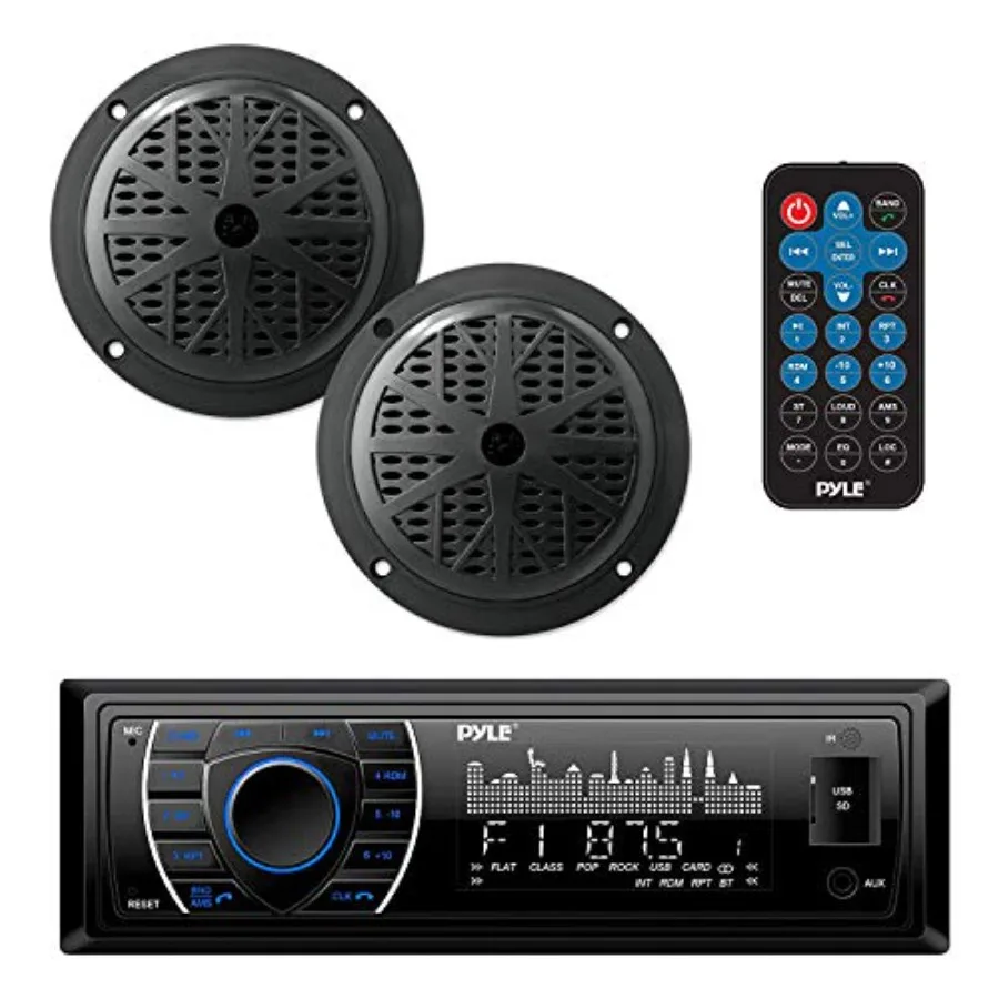 Marine Headunit Receiver Speaker Kit for boats: ABS plastic, black, waterproof 5.25'' speakers with Bluetooth, LCD display, AM/
Marine Headunit Receiver Speaker Kit for boats: ABS plastic, black, waterproof 5.25'' speakers with Bluetooth, LCD display, AM/