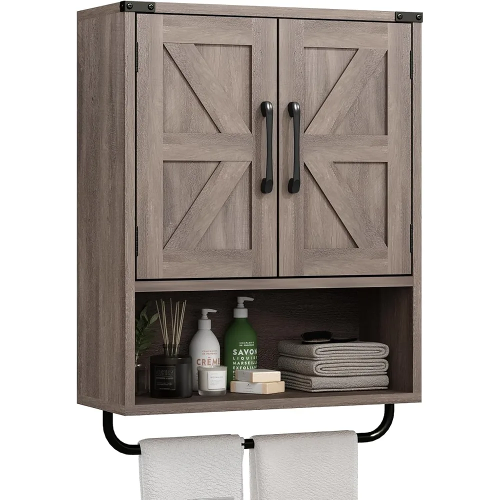 Farmhouse Wall Storage Cabinet with Two Barn Door, Rustic Mounted Medicine Cabinet with Adjustable Shelf and Towel Bar, 3-Tier
Farmhouse Wall Storage Cabinet with Two Barn Door, Rustic Mounted Medicine Cabinet with Adjustable Shelf and Towel Bar, 3-Tier