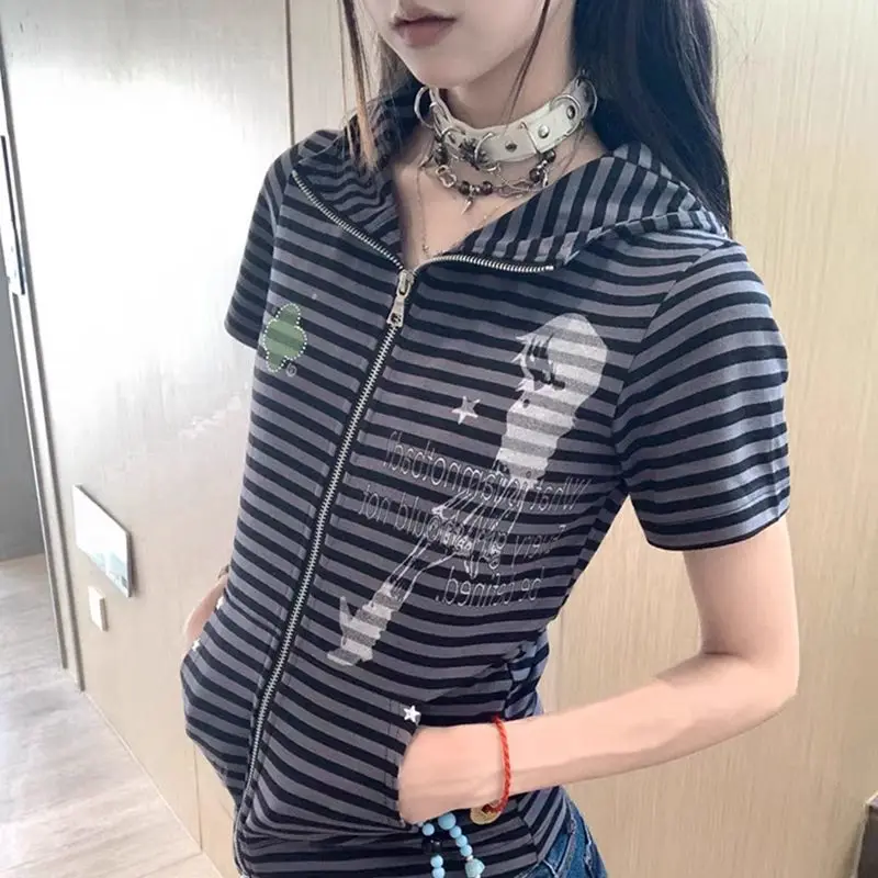 Gothic Subculture Striped Slim Cardigan Women Summer Y2k Short Sleeve Zipper Hooded T-shirts Female Fashion Vintage New Outfits
Gothic Subculture Striped Slim Cardigan Women Summer Y2k Short Sleeve Zipper Hooded T-shirts Female Fashion Vintage New Outfits