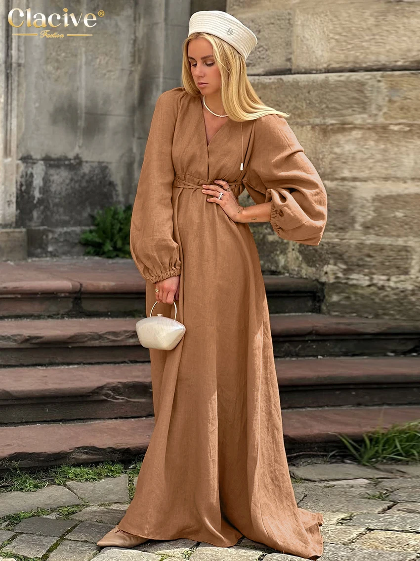 Clacive Fashion Loose Brown Women's Dress Sexy V-Neck Long Sleeve Maxi Dresses Elegant Classic Lace-Up Female Dress Streetwear 
Clacive Fashion Loose Brown Women's Dress Sexy V-Neck Long Sleeve Maxi Dresses Elegant Classic Lace-Up Female Dress Streetwear