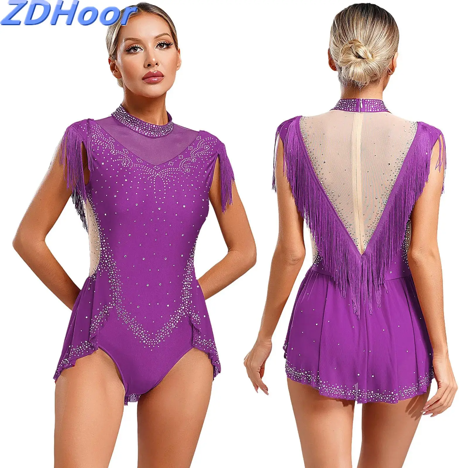 Womens Jazz Leotard Tassel Dance Skirted Sparkling Rhinestones Mock Neck Sleeveless Sheer Mesh Patchwork Bodysuit
Womens Jazz Leotard Tassel Dance Skirted Sparkling Rhinestones Mock Neck Sleeveless Sheer Mesh Patchwork Bodysuit