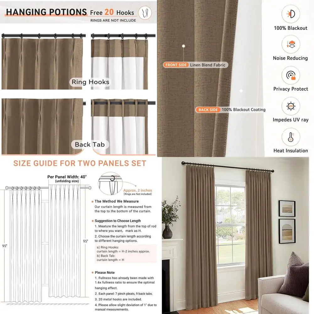 Linen Brown Pinch Pleat Curtains, 108 Long, 2-Panel Set, Blackout, 40 Wide for Bedroom/Living Room
Linen Brown Pinch Pleat Curtains, 108 Long, 2-Panel Set, Blackout, 40 Wide for Bedroom/Living Room