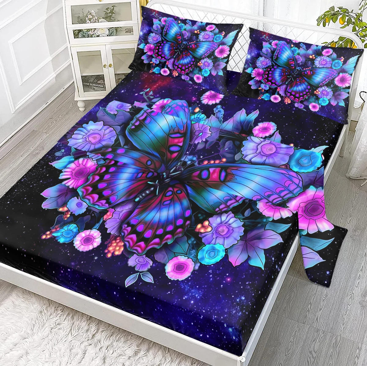 Butterflies on Flowers Against Starry Background Print Sheet Set 4 Piece 1 Fitted Sheet, 1 Flat Sheet, 2 Pillowcases
Butterflies on Flowers Against Starry Background Print Sheet Set 4 Piece 1 Fitted Sheet, 1 Flat Sheet, 2 Pillowcases