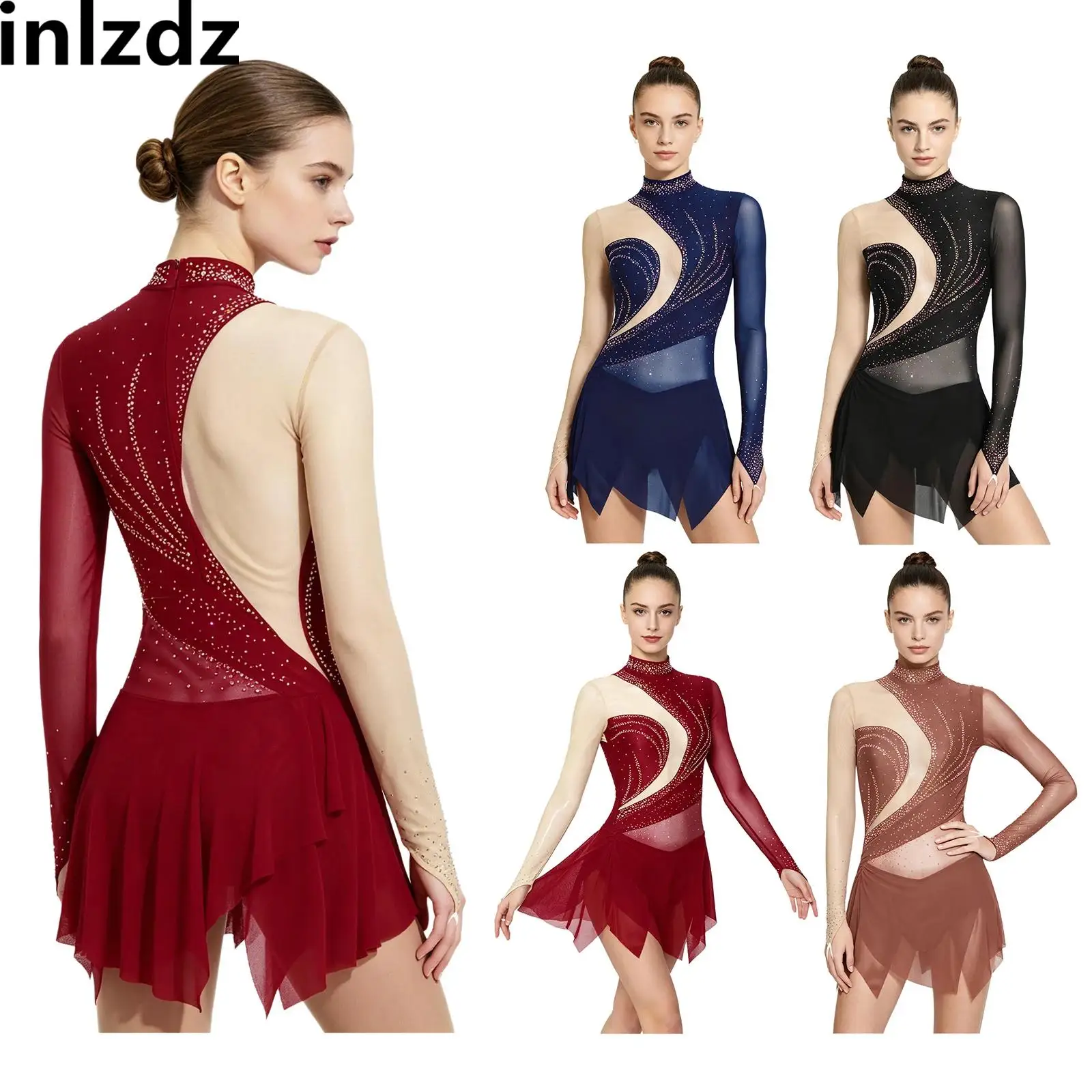 Women Gymnastics Dance Bodysuit Dress Rhinestones Sheer Mesh Long Sleeve Mock Neck Irregular Hem Dress for Figure Skating
Women Gymnastics Dance Bodysuit Dress Rhinestones Sheer Mesh Long Sleeve Mock Neck Irregular Hem Dress for Figure Skating
