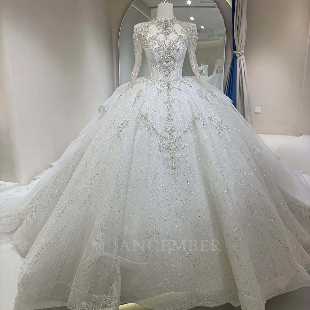 Elegant Long Sleeve Wedding Dresses High Neck Court Train Bridal Ball Gown Beading Vestidos De Novia Customized DW0178
Elegant Long Sleeve Wedding Dresses High Neck Court Train Bridal Ball Gown Beading Vestidos De Novia Customized DW0178