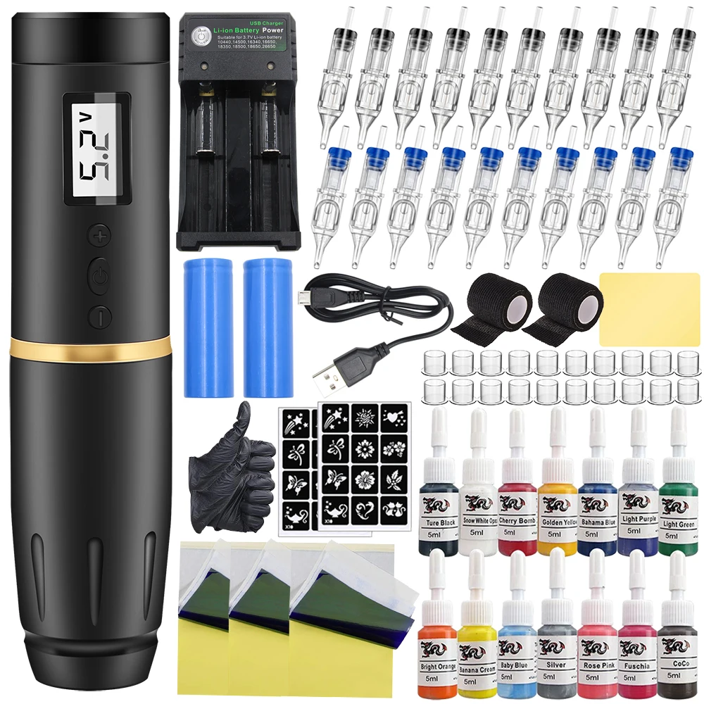 Complete Wireless Battery Tattoo Machine Kit Machine Pen Set with Cartridges Needles Tattoo Ink for Tattoo Supplies
Complete Wireless Battery Tattoo Machine Kit Machine Pen Set with Cartridges Needles Tattoo Ink for Tattoo Supplies