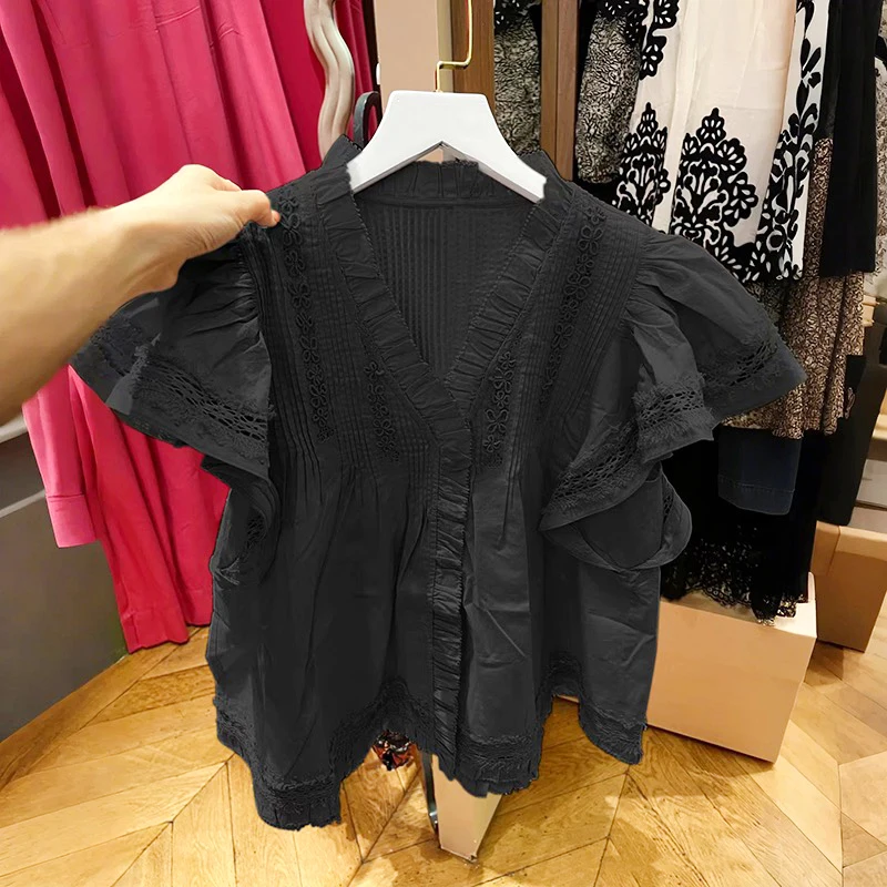 French Sle Slimming Hollow out Pleated Sve V-Ne Top for Young Girls Summer Spring Casual Loose Fit Cotton irt
French Sle Slimming Hollow out Pleated Sve V-Ne Top for Young Girls Summer Spring Casual Loose Fit Cotton irt