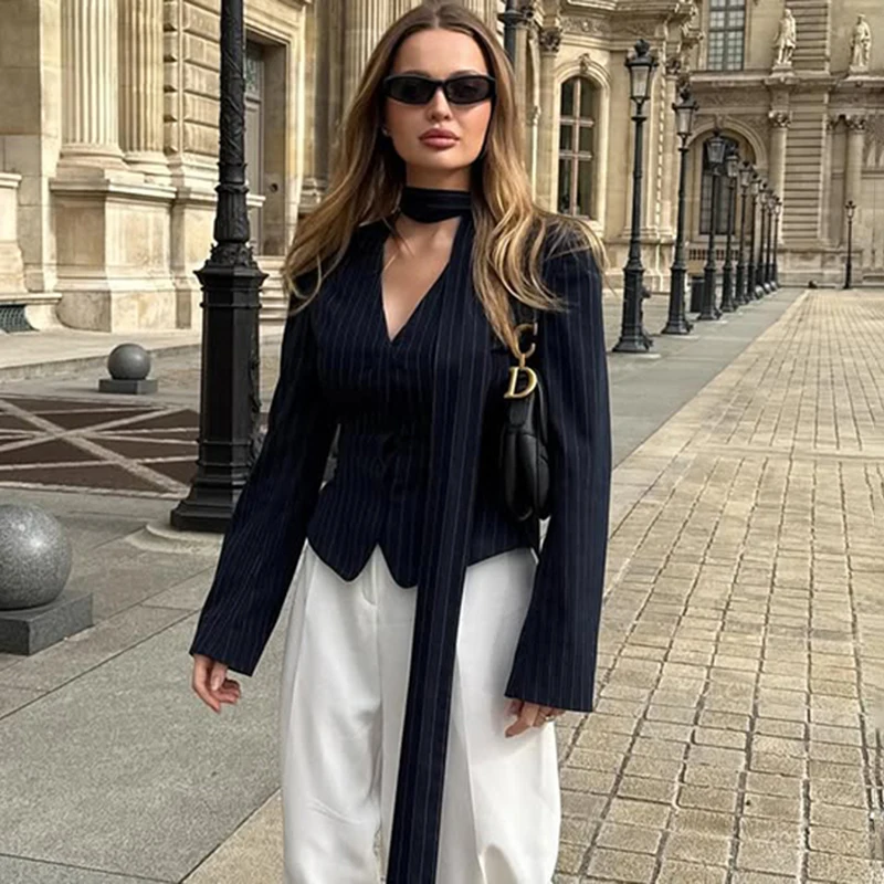 Tornova V-neck Ribbon Blazer Coat For Women Striped Print Long Sleeve Buttons Office Lady Top Elegant Female Slim Outwear Autumn
Tornova V-neck Ribbon Blazer Coat For Women Striped Print Long Sleeve Buttons Office Lady Top Elegant Female Slim Outwear Autumn