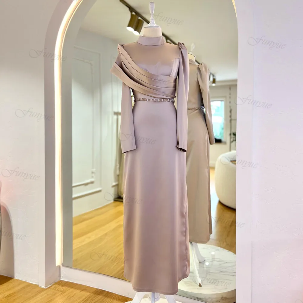 Navy Blue High Neck Formal Dress Women Elegant Satin Full Sleeve Evening Party Gowns Beads Ankle Length Robes De Soirée 
Navy Blue High Neck Formal Dress Women Elegant Satin Full Sleeve Evening Party Gowns Beads Ankle Length Robes De Soirée