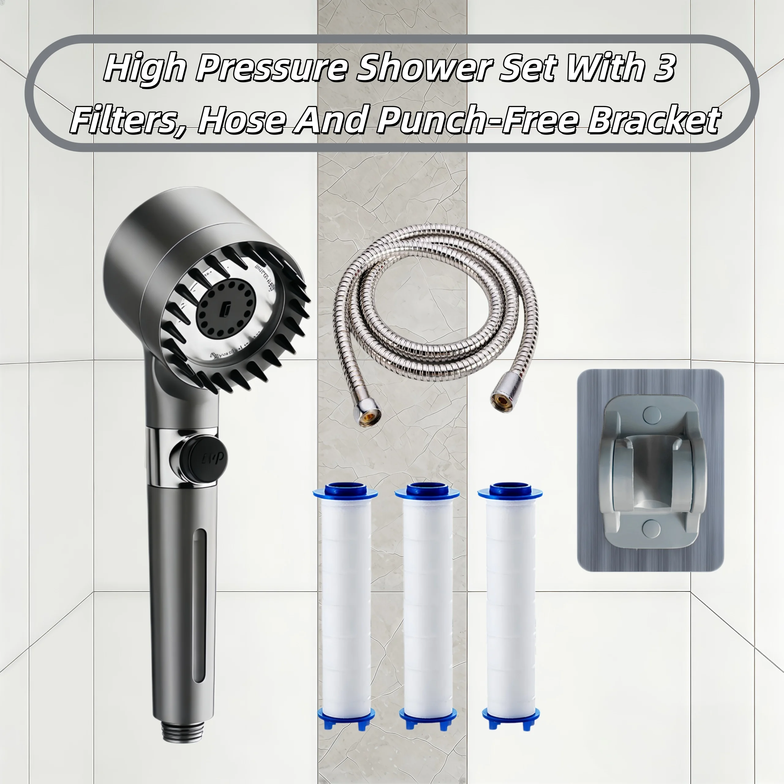 6PCS Gray High Pressure Water Saving Shower Head Set 3 Modes Adjustable with 3 Filter Cartridge 59in Hose No Drill Bracket
6PCS Gray High Pressure Water Saving Shower Head Set 3 Modes Adjustable with 3 Filter Cartridge 59in Hose No Drill Bracket