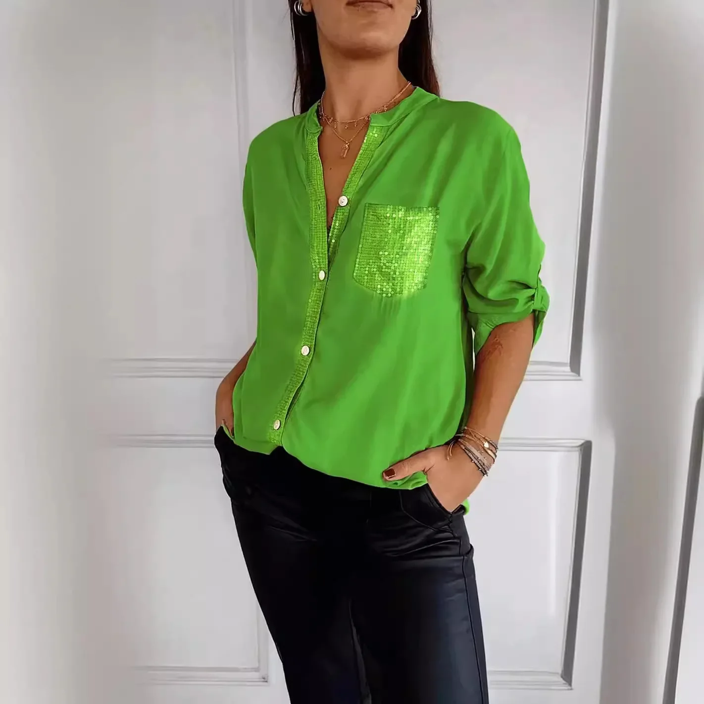Sequine Pockets Women Long Sleeve Loose Shirt Top Blouse Summer Single Breasted Shirts
Sequine Pockets Women Long Sleeve Loose Shirt Top Blouse Summer Single Breasted Shirts