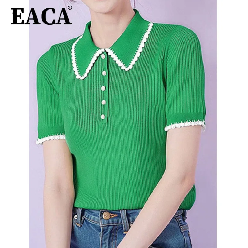 EACA 2025 Spring Polo Collar Color Block Lace Trim Knit T-Shirt Minimalist Youthful Versatile Top Lightweight Knitted Tee
EACA 2025 Spring Polo Collar Color Block Lace Trim Knit T-Shirt Minimalist Youthful Versatile Top Lightweight Knitted Tee