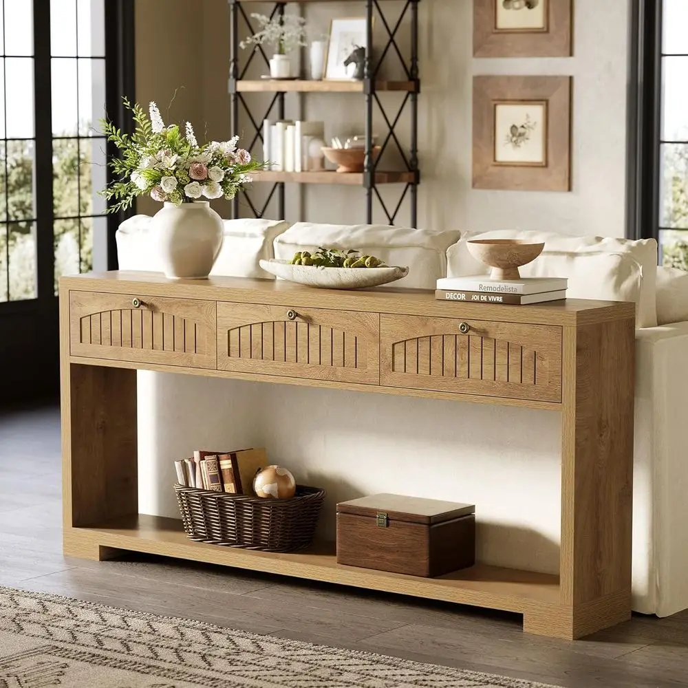 70 Light Brown Console Table with 2-Tier Shelves for Entryway, Hallway, and Living Room
70 Light Brown Console Table with 2-Tier Shelves for Entryway, Hallway, and Living Room