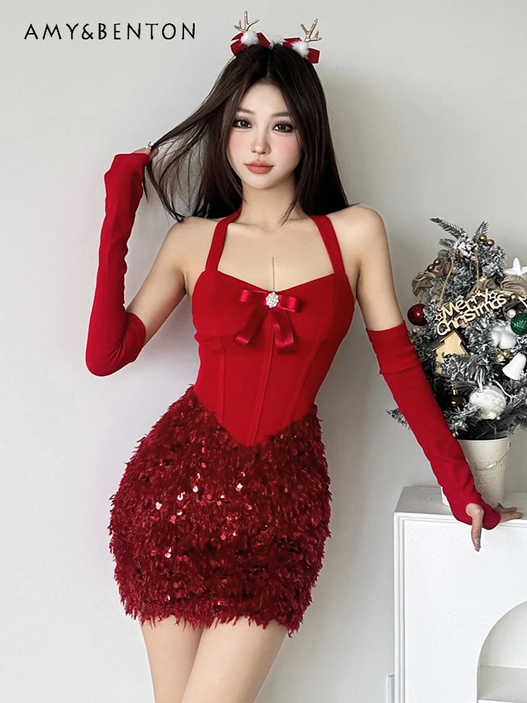 2025 New Hot Sale Christmas Atmosphere Women's Red Bowknot Halter Sequin Patchwork Slim Fit Bodycon Mini Dress
2025 New Hot Sale Christmas Atmosphere Women's Red Bowknot Halter Sequin Patchwork Slim Fit Bodycon Mini Dress