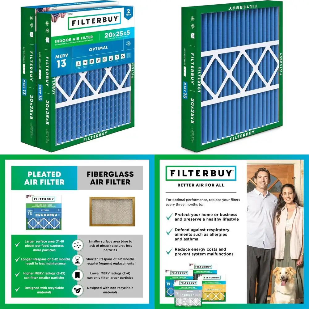 20x25x5 MERV 13 Air Filter, 2-Pack, Ideal for Smoke & Allergy Relief, Fits Various HVAC Systems
20x25x5 MERV 13 Air Filter, 2-Pack, Ideal for Smoke & Allergy Relief, Fits Various HVAC Systems