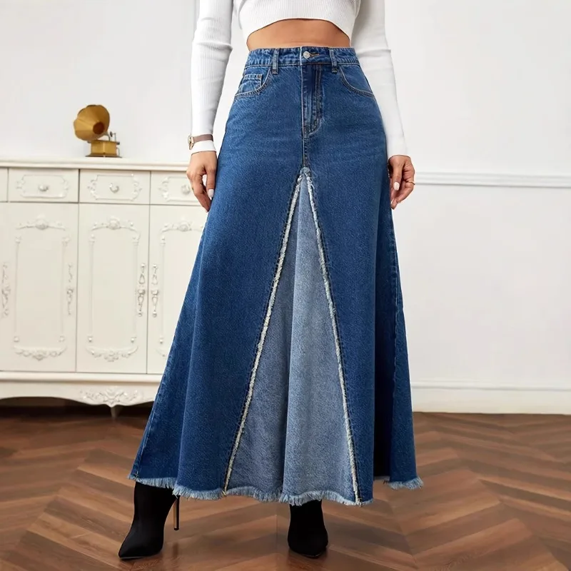 Women Denim A-Line Skirt High Wasit Spliced Jeans Maxi Long Female A-Line Tassel Frayed Skirt Big Hem Vintage Casual Streetwear
Women Denim A-Line Skirt High Wasit Spliced Jeans Maxi Long Female A-Line Tassel Frayed Skirt Big Hem Vintage Casual Streetwear
