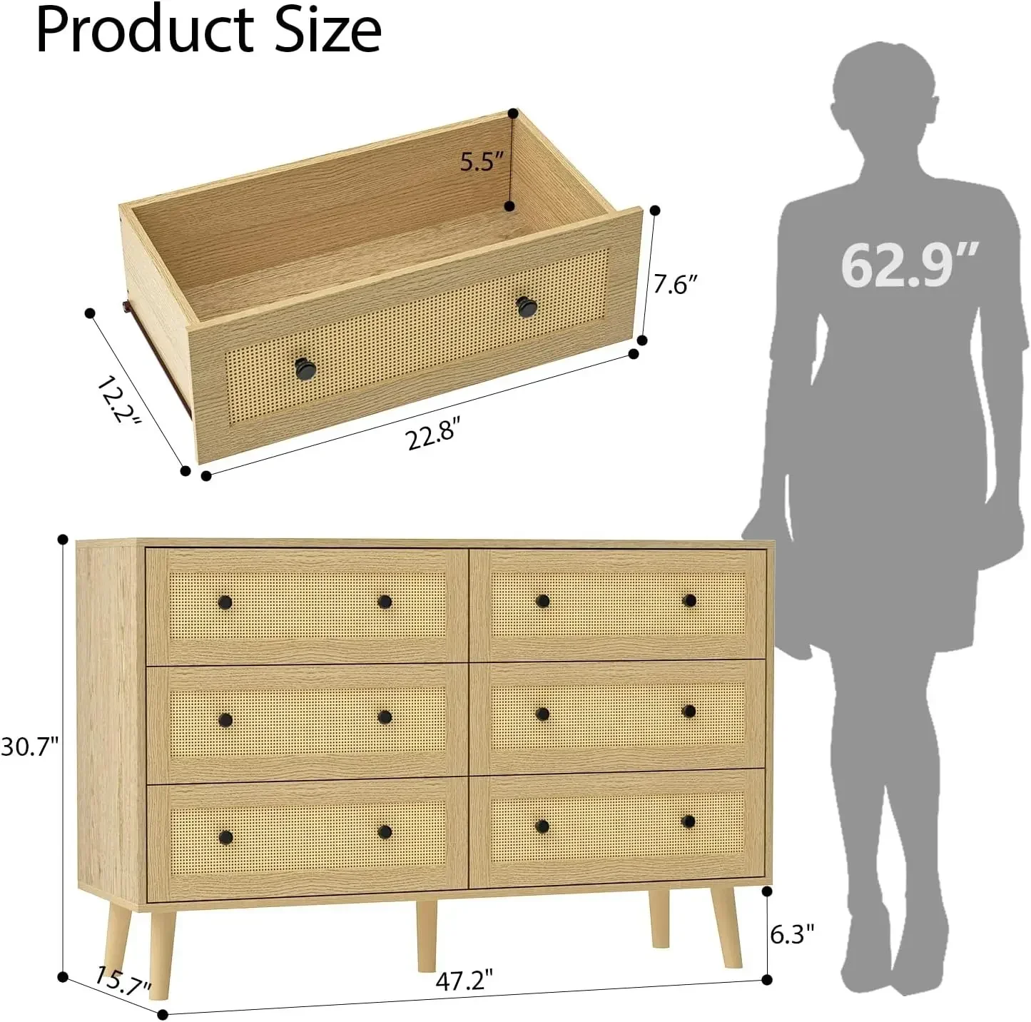 Dresser for Bedroom, Modern 6 Drawer Double Dresser with Black Handles, Boho Natural Wood Dressers & Chests for Bedroom Hallway
Dresser for Bedroom, Modern 6 Drawer Double Dresser with Black Handles, Boho Natural Wood Dressers & Chests for Bedroom Hallway