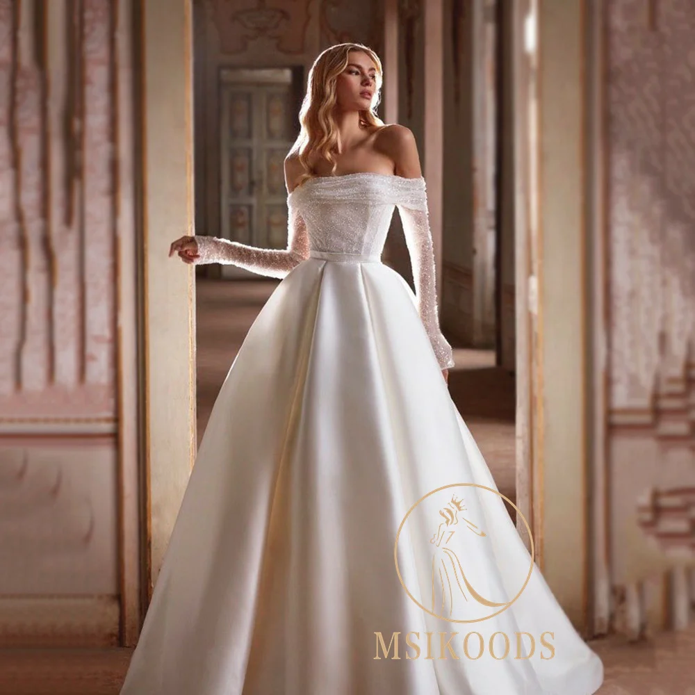 Msikoods 2025 Elegant Wedding Dress Beaded Long Sleeve Satin A Line Brides Gown Backless Off Shoulder Bridal Dress Customized
Msikoods 2025 Elegant Wedding Dress Beaded Long Sleeve Satin A Line Brides Gown Backless Off Shoulder Bridal Dress Customized