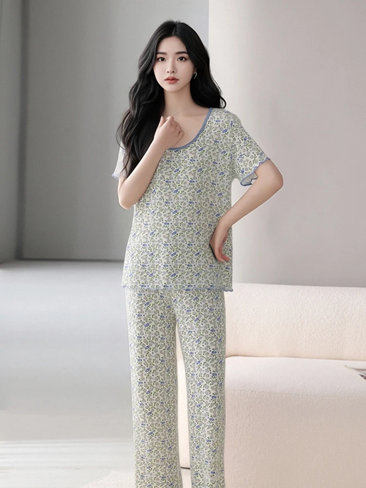 Summer Thin Lace Modal Home Clothes Set Short Sleeve Long Pants Air Conditioned Sleepwear Soft round Neck Home Comfort Suit
Summer Thin Lace Modal Home Clothes Set Short Sleeve Long Pants Air Conditioned Sleepwear Soft round Neck Home Comfort Suit