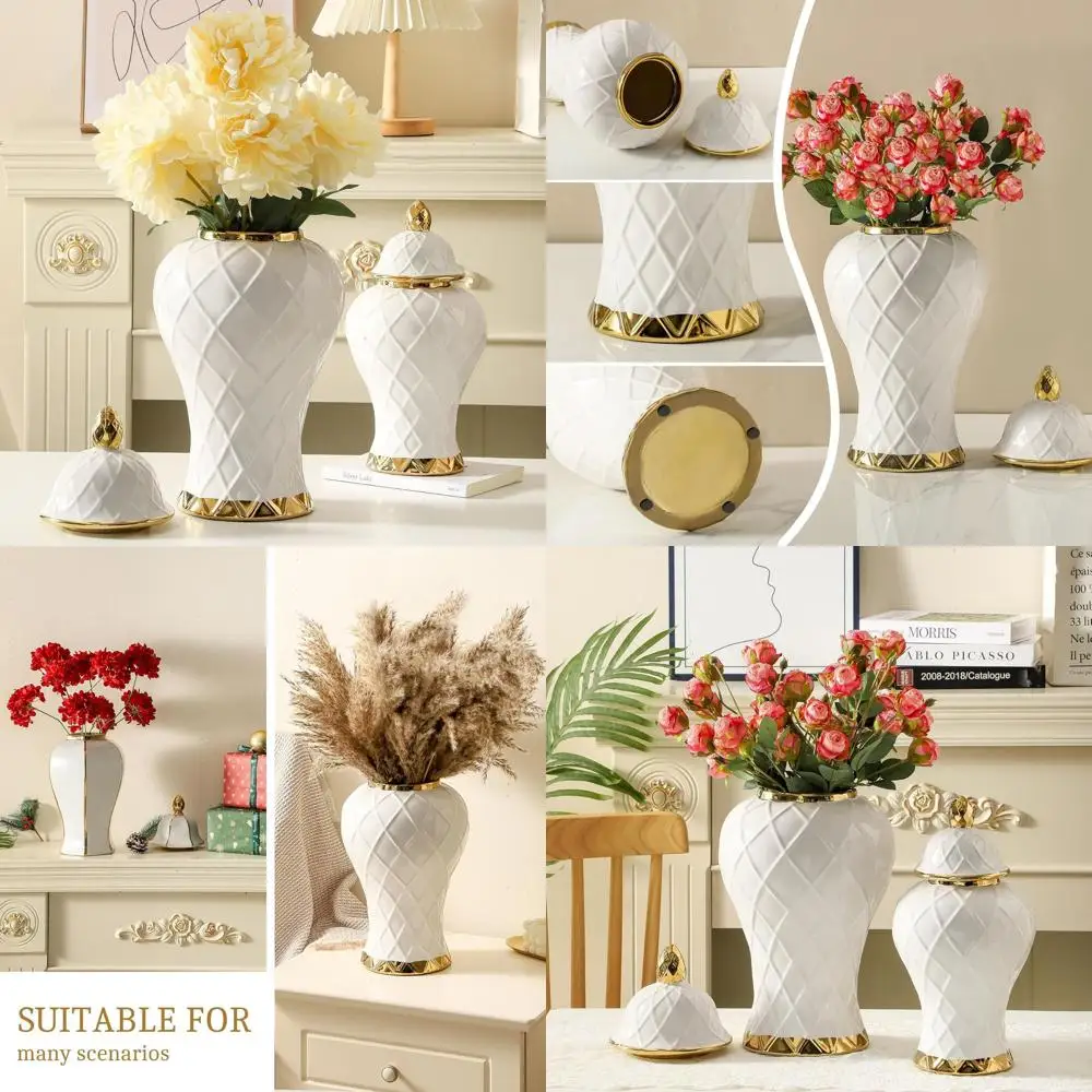 Elegant 18 White & Gold Ceramic Ginger Jar with Lid, Ideal for Home Decor and Centerpieces
Elegant 18 White & Gold Ceramic Ginger Jar with Lid, Ideal for Home Decor and Centerpieces