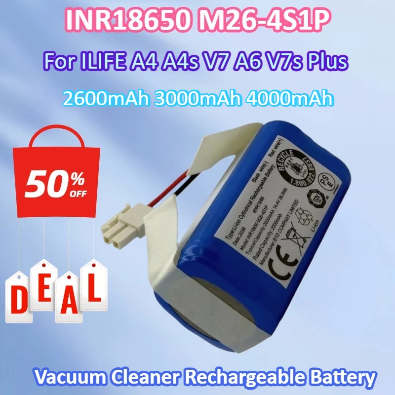 New 18650-4S1P INR18650 M26-4S1P 14.4V 4000mAh 4INR19/66 for ILIFE A4 A4s V7 A6 V7s Plus Vacuum Cleaner Rechargeable Battery
New 18650-4S1P INR18650 M26-4S1P 14.4V 4000mAh 4INR19/66 for ILIFE A4 A4s V7 A6 V7s Plus Vacuum Cleaner Rechargeable Battery