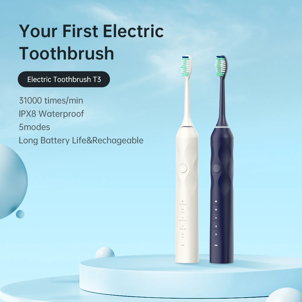 Звуковая электрическая зубная щетка T3, модель начального уровня, зубная щетка, перезаряжаемая от USB, дорожная зубная щетка, 5 режимов, гидроизоляционная щетка
Звуковая электрическая зубная щетка T3, модель начального уровня, зубная щетка, перезаряжаемая от USB, дорожная зубная щетка, 5 режимов, гидроизоляционная щетка