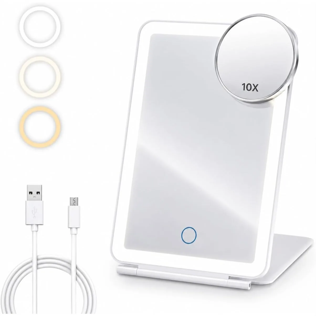 Rechargeable Travel Makeup Mirror with 72 LED Lights, 3 Color Modes, Touch Dimmable, 10X Magnifying, 1000mAh Battery for Desk &
Rechargeable Travel Makeup Mirror with 72 LED Lights, 3 Color Modes, Touch Dimmable, 10X Magnifying, 1000mAh Battery for Desk &