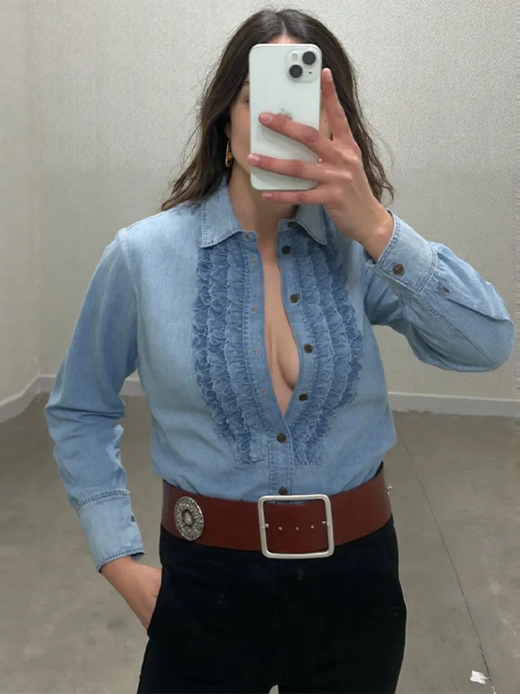 Sweet Style Women's Light-Blue Denim Lapel Shirt With Front Ruffled Trim Casual Chic Fashion Female Long Sleeve Streetwear
Sweet Style Women's Light-Blue Denim Lapel Shirt With Front Ruffled Trim Casual Chic Fashion Female Long Sleeve Streetwear