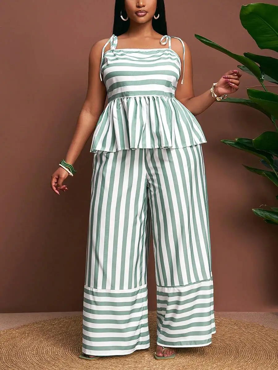 Green And White Striped Two Piece Set Sleeveless Peplum Top Wide Leg Pants Casual Summer Outfit
Green And White Striped Two Piece Set Sleeveless Peplum Top Wide Leg Pants Casual Summer Outfit