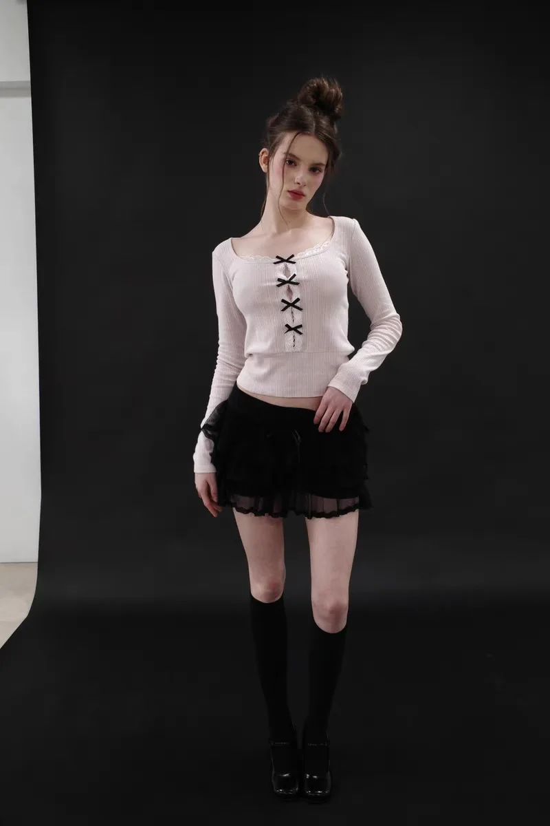 Knot Lace Trim ort Sve Long T-irt Women's Faion Ballet Sle Top Quali Ladies' T-irt
Knot Lace Trim ort Sve Long T-irt Women's Faion Ballet Sle Top Quali Ladies' T-irt