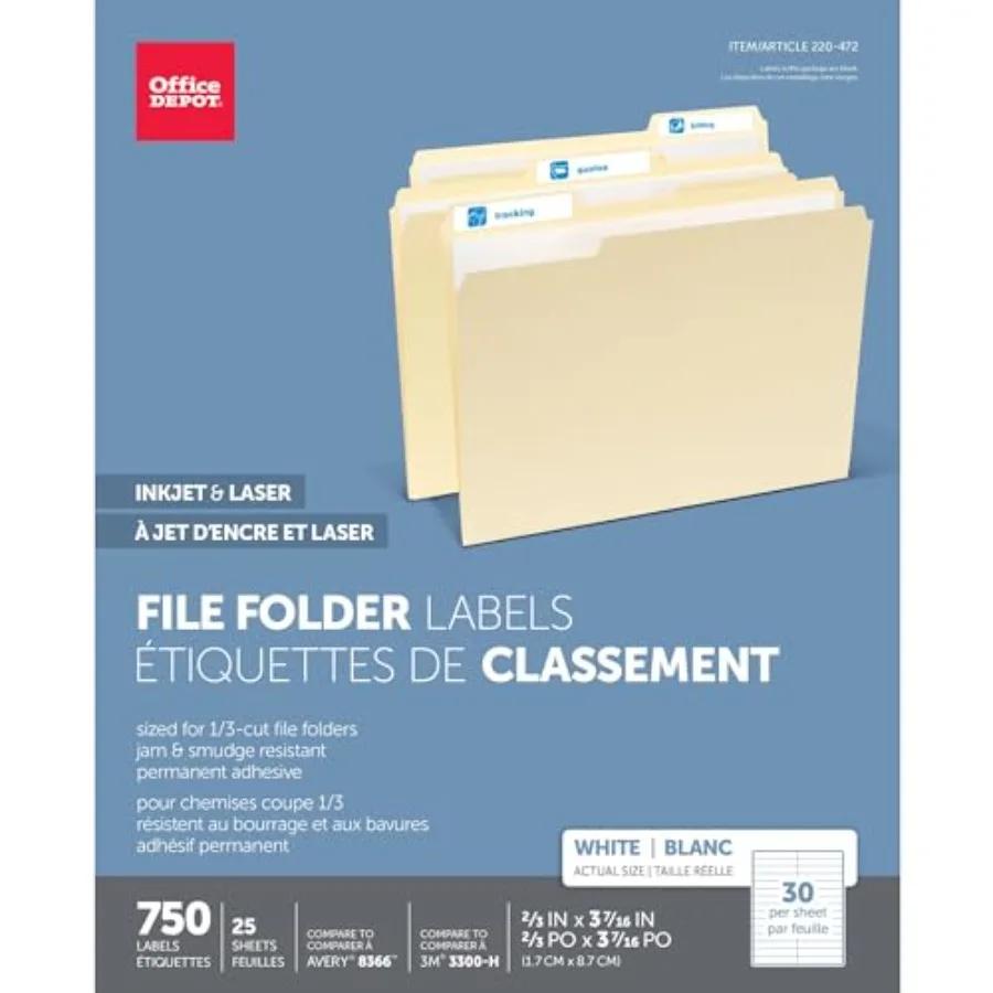 White Permanent Inkjet/Laser File Folder Labels, 2/3in. x 3 7/16in., White, Pack of 750, 505-0004-0011
White Permanent Inkjet/Laser File Folder Labels, 2/3in. x 3 7/16in., White, Pack of 750, 505-0004-0011