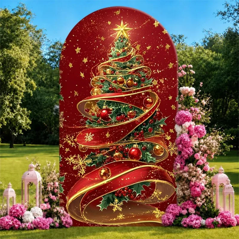 Single Side Arch Backdrop Cover Elegant Red Arched Christmas Background Backdrop with Golden Ribbons Festive Tree and Holly
Single Side Arch Backdrop Cover Elegant Red Arched Christmas Background Backdrop with Golden Ribbons Festive Tree and Holly