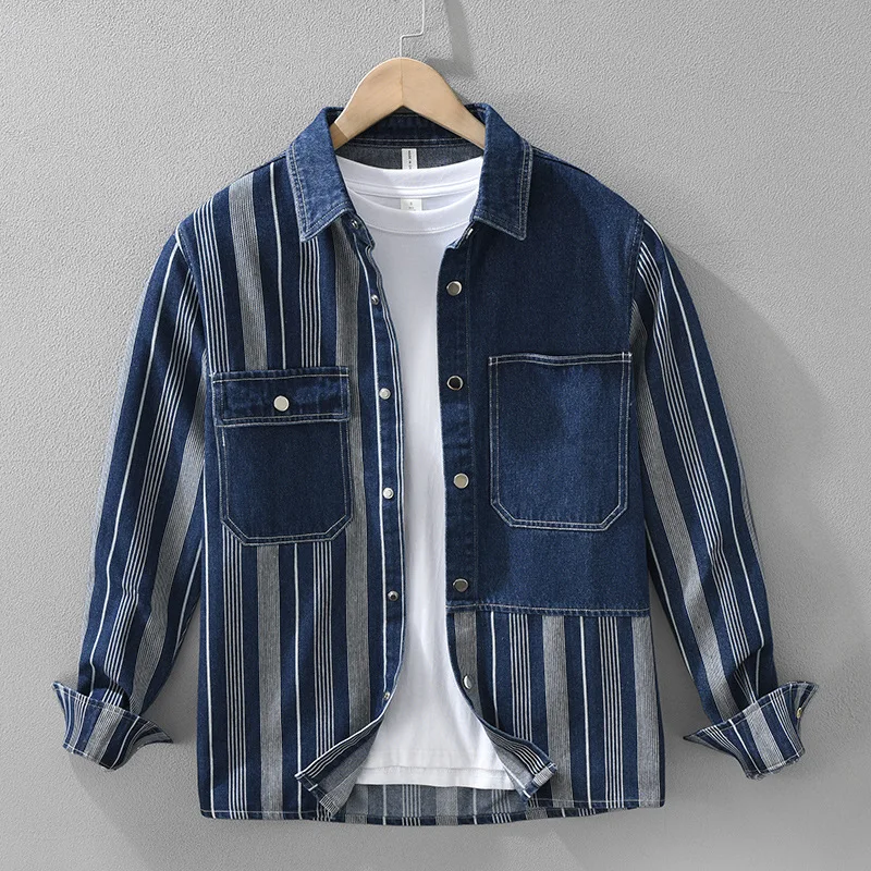 Japanese Retro Patchwork Striped Shirt for Men 100% Cotton Men's Jeans Shirts Long Sleeve camisa masculina men clothing TS-857
Japanese Retro Patchwork Striped Shirt for Men 100% Cotton Men's Jeans Shirts Long Sleeve camisa masculina men clothing TS-857